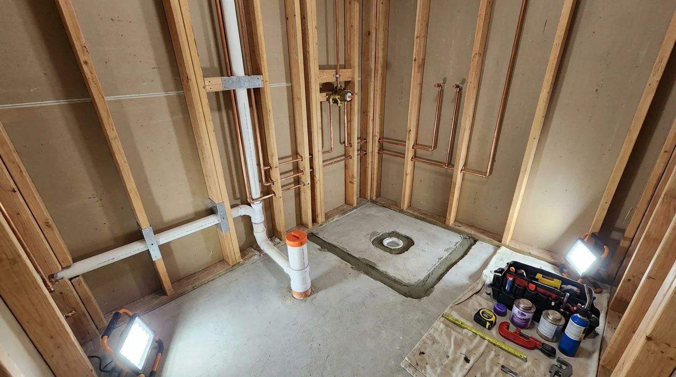 Bathroom rough-in plumbing during remodel by Johns Plumbing LLC in Archbald