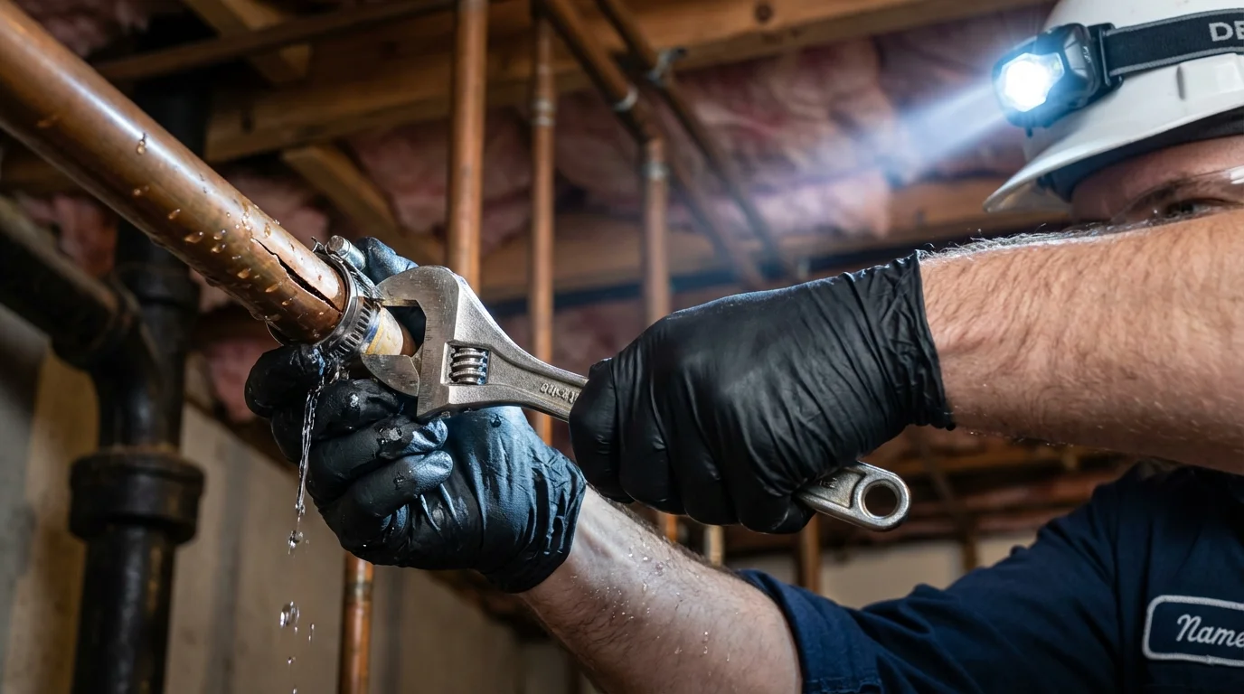 Emergency pipe clamp repair being performed by a Johns Plumbing LLC plumber in Archbald