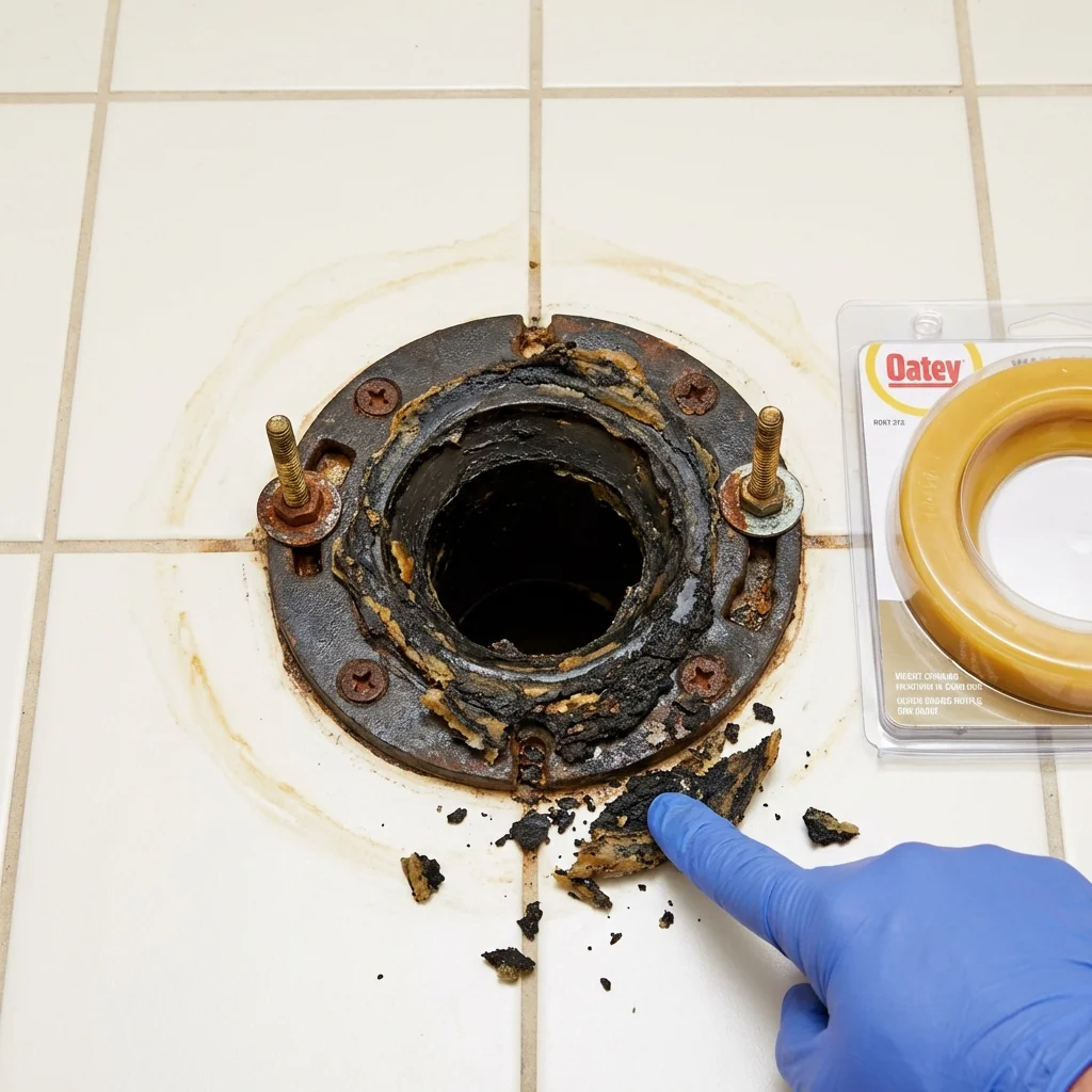 Failed wax ring showing water seepage at the base of a toilet in a Archbald, PA home