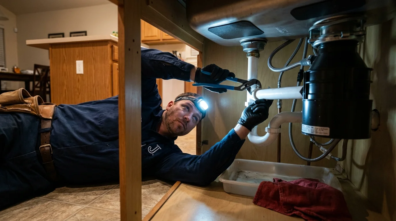 P-trap and supply line connections under a kitchen sink showing a common leak point in Archbald, PA
